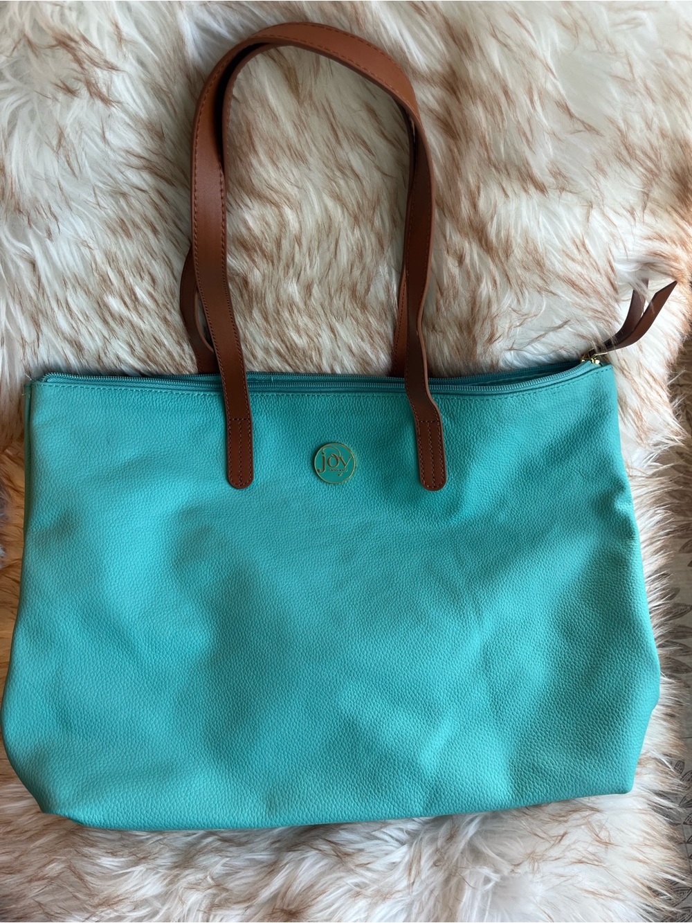 Joy Mangano Leather Turquoise Tote with Brown Handles matching pouch